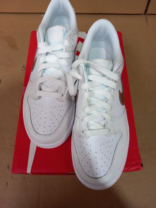 NIKE DUNK LOW (GS) ALL WHITE WITH METALLIC RED SWOOSH, UK SIZE 5