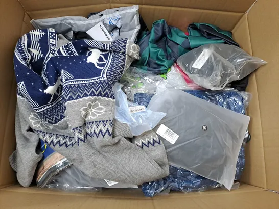 BOX OF APPROXIMATELY 20 ASSORTED CLOTHING ITEMS TO INCUDE - DRESS, JUMPERS , T-SHIRTS , TROUSERS,ECT 