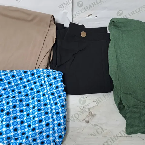 BOX OF ASSORTED CLOTHING ITEMS TO INCLUDE TROUSERS - CARDIGANS - DRESSES  