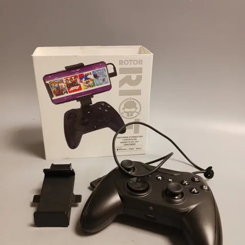 BOXED ROTOR RIOT PHONE CONTROLLER WITH PHONE STAND AND LIGHTNING CONNECTOR CABLE MADE FOR APPLE PRODUCTS IN BLACK
