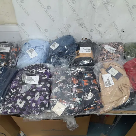 BOX OF APPROXIMATELY 10 ASSORTED BAGGED CLOTHING PIECES IN VARIOUS STYLES AND SIZES 