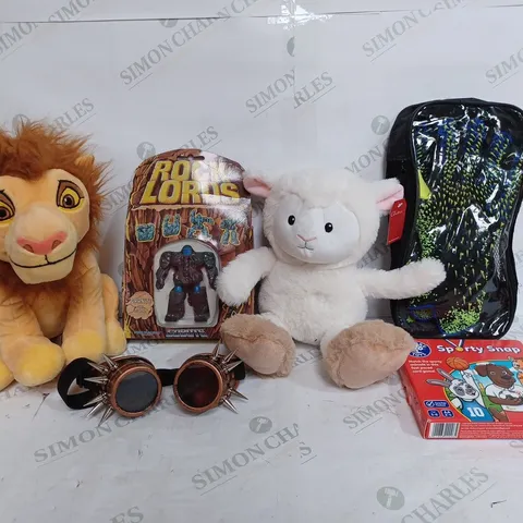 BOX OF APPROX 30 ASSORTED TOYS TO INCLUDE - GOBOTS ROCK LORDS MODEL - LION KING LION - ORCHARD TOYS SPORTY SNAP ECT