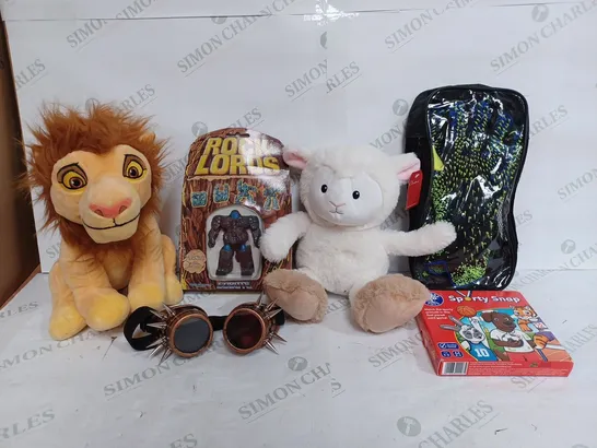 BOX OF APPROX 30 ASSORTED TOYS TO INCLUDE - GOBOTS ROCK LORDS MODEL - LION KING LION - ORCHARD TOYS SPORTY SNAP ECT