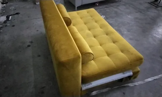 DESIGNER MUSTARD PLUSH VELVET SMALL SOFABED WITH STROLL CUSHIONS (SIDES MISSING)