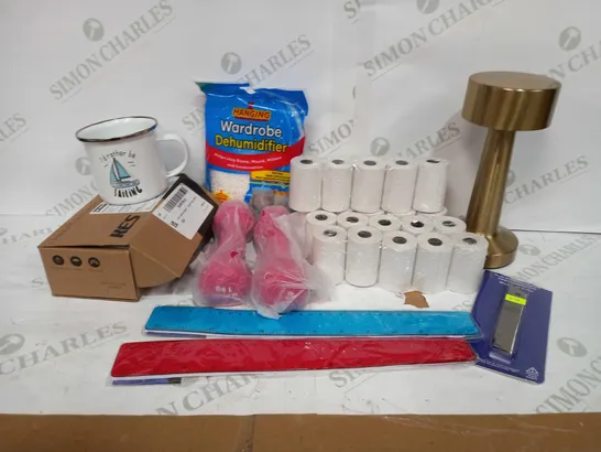 BOX TO CONTAIN APPROX 30 ASSORTED HOUSEHOLD PRODUCTS, INCLUDES MUG, TILL ROLL, WEIGHTS, RULERS, KNIFE BLADES ETC 