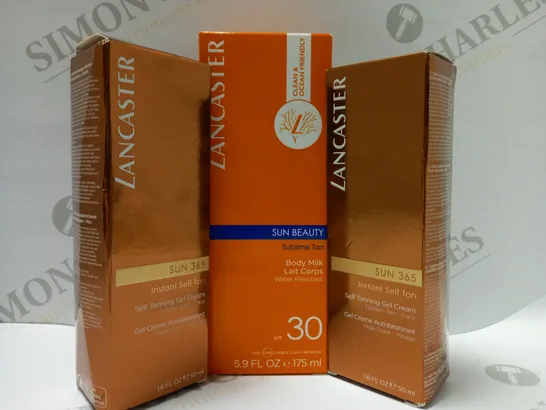 LOT OF 3 LANCASTER PRODUCTS TO INCLUDE 2 X 50ML SUN 365 INSTANT SELF TAN GEL CREAM, 1 X 175ML SUN BEAUTY SUBLIME TAN BODY MILK 