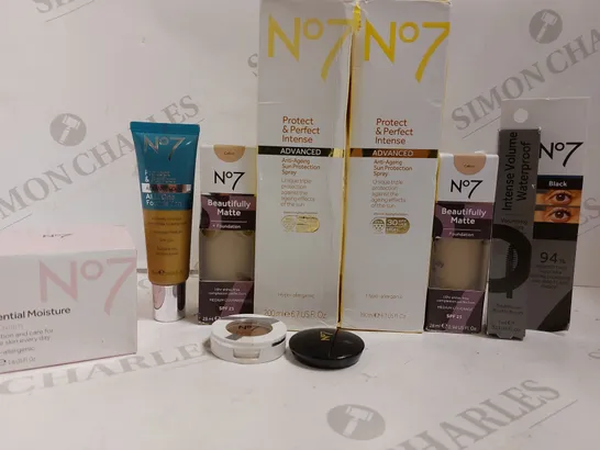 BOX OF APPROX 7 NO.7 ITEMS TO INCLUDE ESSENTIAL MOISTURISER, MATTE FOUNDATION AND PROTECT AND PERFECT FOUNDATION