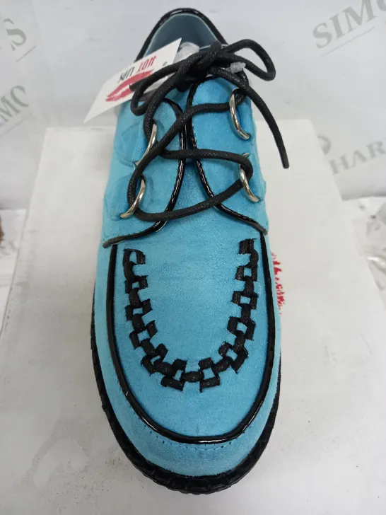 BOXED PAIR OF LIGHT BLUE BLACK PRINT WEDGED SHOES SIZE 4