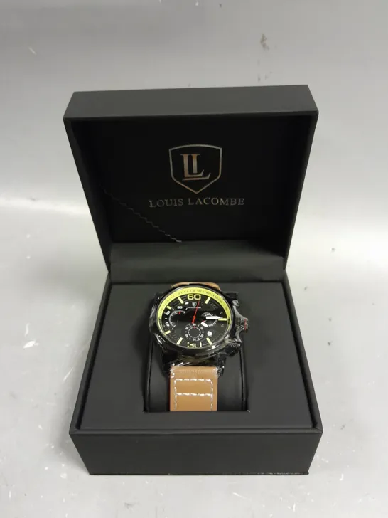 MENS LOUIS LACOMBE CHRONGRAPH WATCH – 3 SUB DIALS – BLACK CASE – LEATHER STRAP