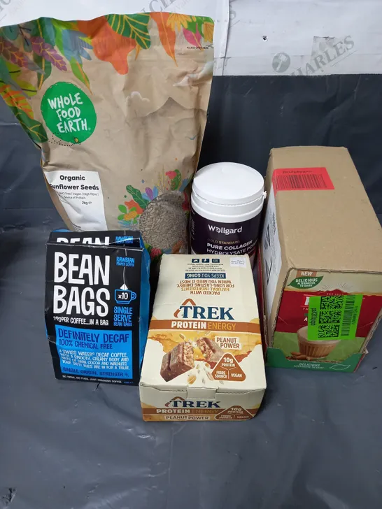 APPROXIMATELY 6 ASSORTED FOOD & DRINK ITEMS TO INCLUDE - BEAN BAGS DECAF COFFEE - WELLGARD PURE COLLAGEN POWDER - WHOLE FOOD EARTH ORGANIC SUNFLOWER SEEDS - ETC