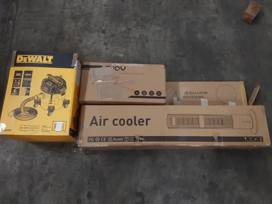 PALLET OF ASSORTED ITEMS INCLUDING DEWALT VACUUM, AIR COOLER, ROUND BALLOON ARCH STAND, LED CEILING FAN