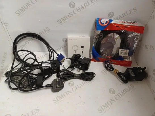 BOX OF APPROX 15 ITEMS INCLUDING ASSORTED CABLES AND CHARGERS FOR VARIOUS ITEMS