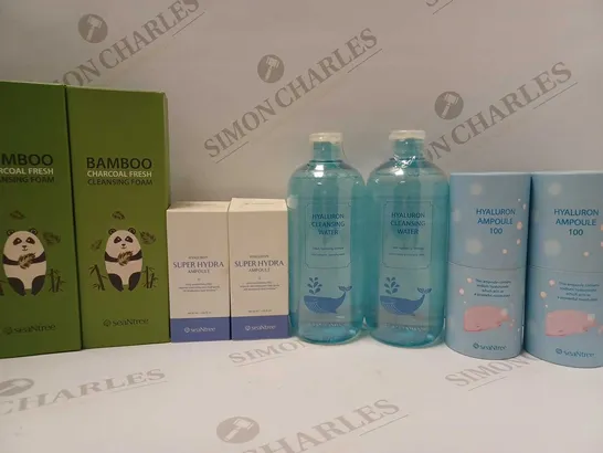 LOT OF APPROX 8 ASSORTED SEANTREE PRODUCTS TO INCLUDE BAMBOO CHARCOAL FRESH CLEANSING FOAM, HYALURON CLEANSING WATER, HYALURON AMPOULE 100, ETC 