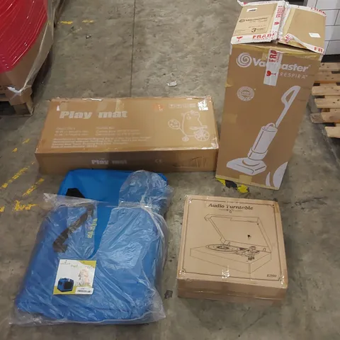 PALLET OF ASSORTED HOUSEHOLD ITEMS AND CONSUMER PRODUCTS. INCLUDES; TURNTABLES, PLAY MAT, VACMASTER VACUUM, PORTABLE PET CRATE, PAPER SHREDDER ETC