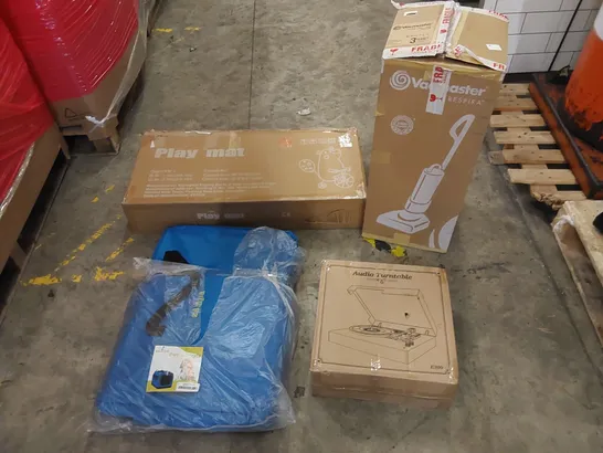 PALLET OF ASSORTED HOUSEHOLD ITEMS AND CONSUMER PRODUCTS. INCLUDES; TURNTABLES, PLAY MAT, VACMASTER VACUUM, PORTABLE PET CRATE, PAPER SHREDDER ETC