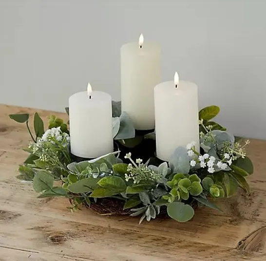 OUTLET HOME REFLECTIONS 3 IN 1 WREATH & RECHARGEABLE FLAMELESS CANDLES SAGE