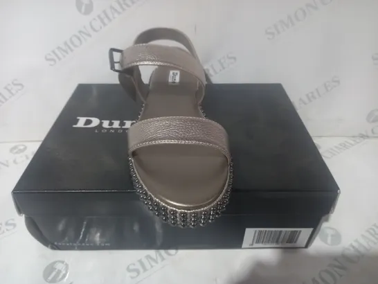 BOXED PAIR OF DUNE LONDON STUDDED PEWTER SANDALS - SIZE 7