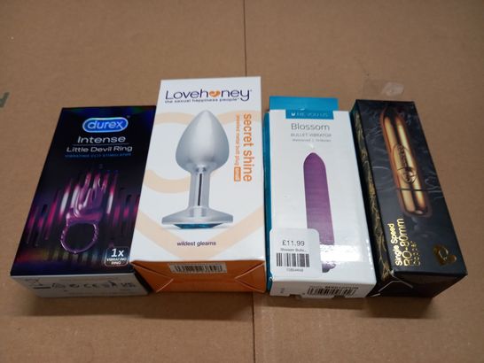 LOT OF 4 ASSORTED PLEASURE AIDS TO INCLUDE SECRET SHINE PLUG AND BLOSSOM BULLET