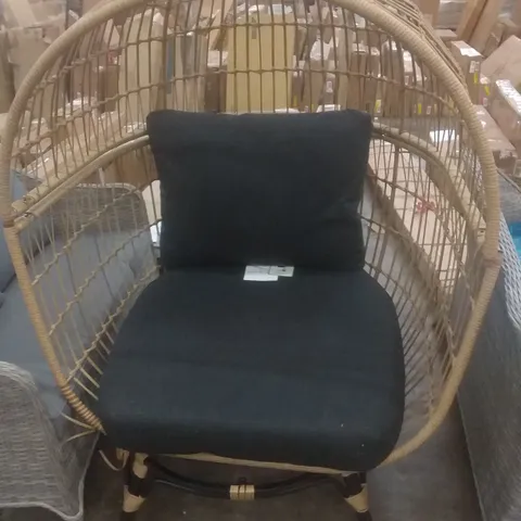 BROWN RATTAN EFFECT EGG CHAIR WITH BLACK CUSHIONS 