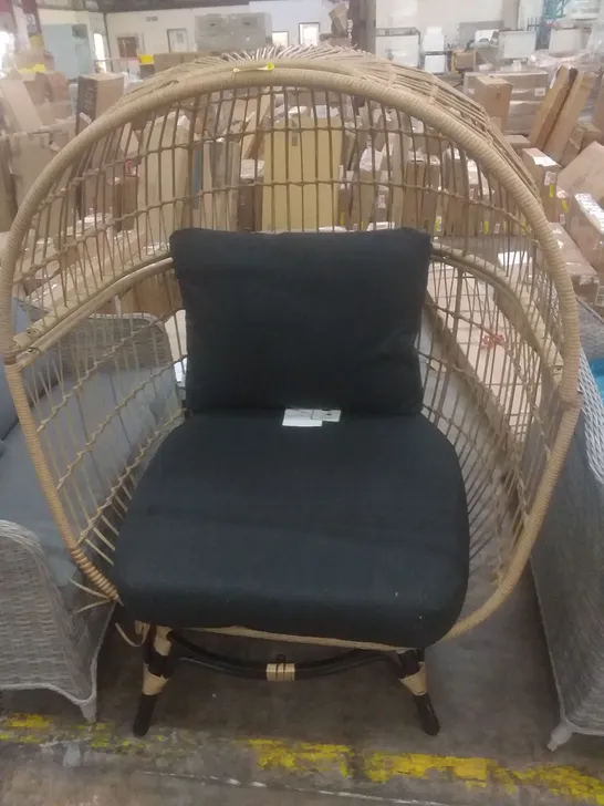 BROWN RATTAN EFFECT EGG CHAIR WITH BLACK CUSHIONS 