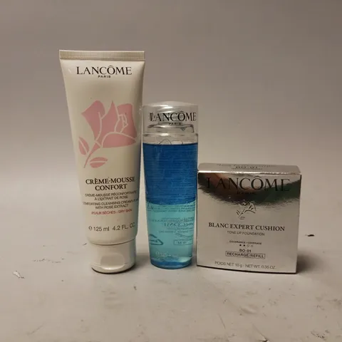 3 LANCOME BEAUTY PRODUCTS TO INCLUDE CRÈME-MOUSSE CONFORT COMFORTING CLEANSING CREAMY FOAM, INSTANT CLEANSER SENSITIVE EYES, BLANC EXPERT CUSHION TONE UP FOUNDATION 
