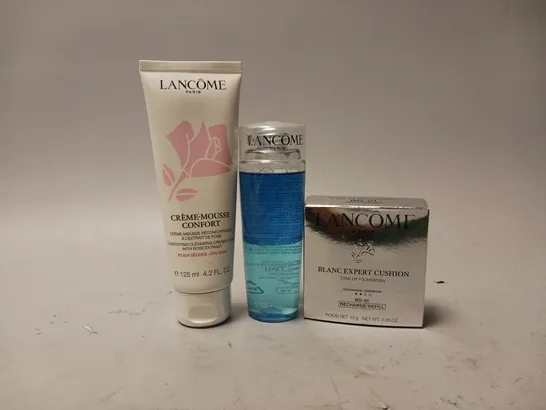 3 LANCOME BEAUTY PRODUCTS TO INCLUDE CRÈME-MOUSSE CONFORT COMFORTING CLEANSING CREAMY FOAM, INSTANT CLEANSER SENSITIVE EYES, BLANC EXPERT CUSHION TONE UP FOUNDATION 