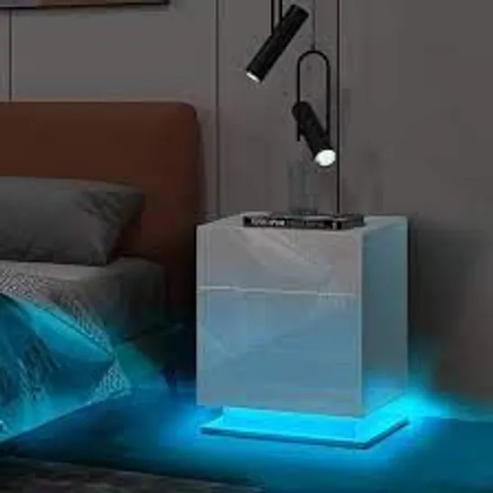 BOXED TUKAILAI WHITE BEDSIDE TABLE WITH LED LIGHTS