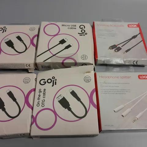LOT OF 6 ASSORTED CABLES TO INCLUDE GOJI OTG CABLES, HEADPHONE SPLIITER AND RCA CABLE