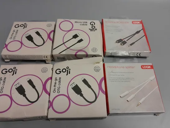 LOT OF 6 ASSORTED CABLES TO INCLUDE GOJI OTG CABLES, HEADPHONE SPLIITER AND RCA CABLE