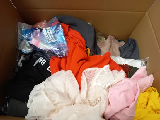 BOX OF APPROXIMATELY 25 ASSORTED CLOTHING ITEMS TO INCLUDE - BELT , BOXER , TOP ETC