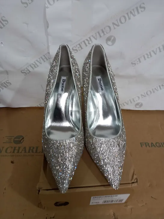 BOXED PAIR OF DUNE SILVER DIAMANTE ENCRUSTED HIGH HEEL SHOES SIZE 7