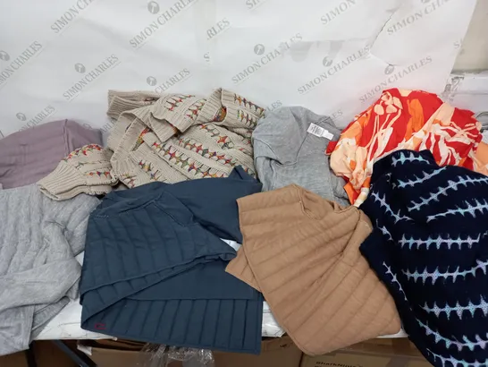 LARGE BOX OF ASSORTED CLOTHING ITEMS TOO INCLUDE TOPS , JUMPERS AND TROUSERS COMING IN DIFFERENT COLOURS AND SIZES 