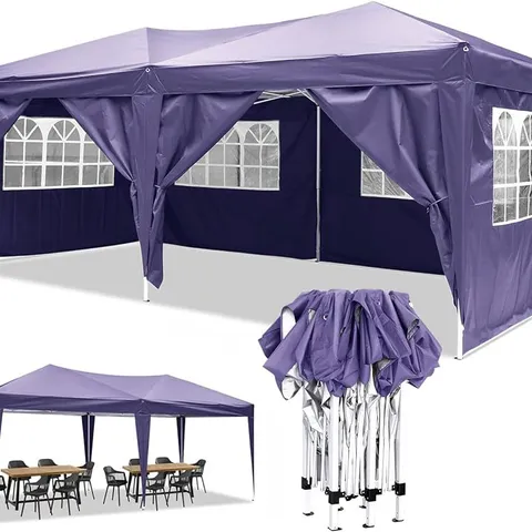 BRAND NEW BOXED YUEBO PURPLE FOLDING GAZEBO TENT 3 X 6 M WATERPROOF FOLDING TENTS WITH 6 WALLS, UV PROTECTION FOLDING GAZEBO GARDEN PERGOLAS TENTS FOR OUTDOORS, PARTIES (1 BOX)