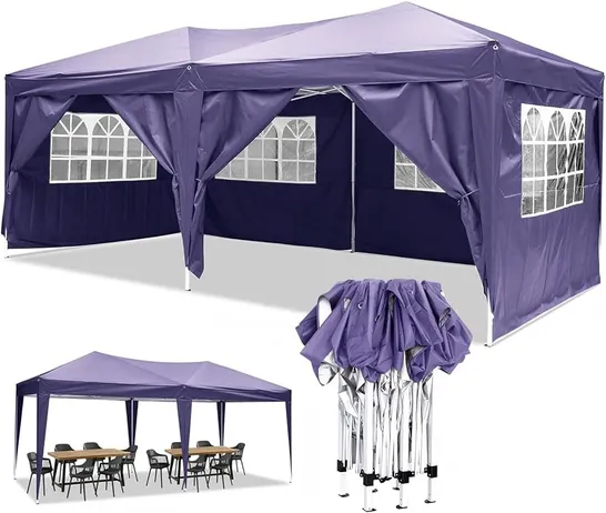 BRAND NEW BOXED YUEBO PURPLE FOLDING GAZEBO TENT 3 X 6 M WATERPROOF FOLDING TENTS WITH 6 WALLS, UV PROTECTION FOLDING GAZEBO GARDEN PERGOLAS TENTS FOR OUTDOORS, PARTIES (1 BOX)