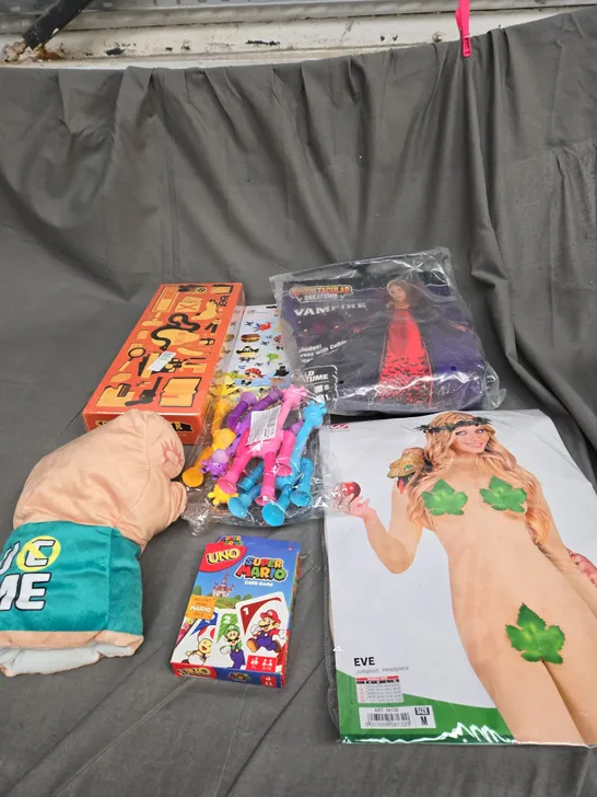 BOX OF ASSORTED TOYS AND GAMES TO INCLUDE FANCY DRESS, CARD GAMES AND STICKERS