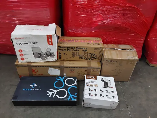 PALLET OF ASSORTED CONSUMER GOODS AND FURNITURE PRODUCTS TO INCLUDE; MULTIFUNCTIONAL FOOD PROCESSOR, ALPHA CAMP CAMPING CHAIR,COFFEE MACHINE, PORTABLE ICE BATH, CROCKERY STORAGE SET, PET BED ECT.