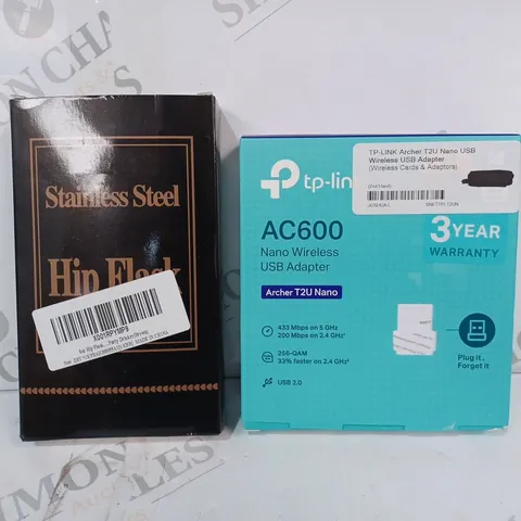 APPROXIMATELY 10 ASSORTED HOUSEHOLD ITEMS TO INCLUDE TP-LINK SC600 NANO WIRELESS USB ADAPTER, STAINLESS STEEL HIP FLASK, MILKSHAKE & SMOOTHIE PAPER STRAWS, ETC