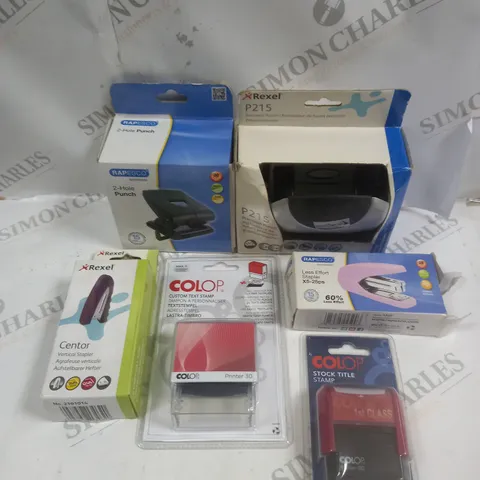 BOX OF APPROXIMATELY 20 ASSORTED OFFICE EQUIPMENT PRODUCTS TO INCLUDE STAPLERS, STAMPS, HOLE PUNCHERS ETC 