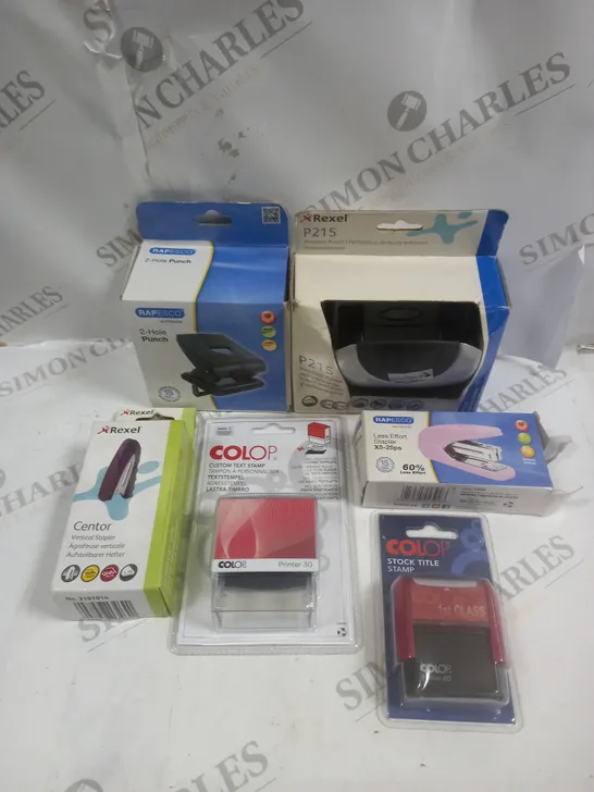 BOX OF APPROXIMATELY 20 ASSORTED OFFICE EQUIPMENT PRODUCTS TO INCLUDE STAPLERS, STAMPS, HOLE PUNCHERS ETC 