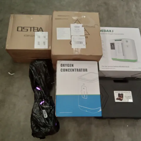 PALLET OF ASSORTED ITEMS INCLUDING DEDAKJ HOUSEHOLD OXYGEN CONCENTRATOR, ELECTRIC JACK FOR CAR, PURPLE HOVER BOARD, YUOTA LED LIGHT, OSTBA