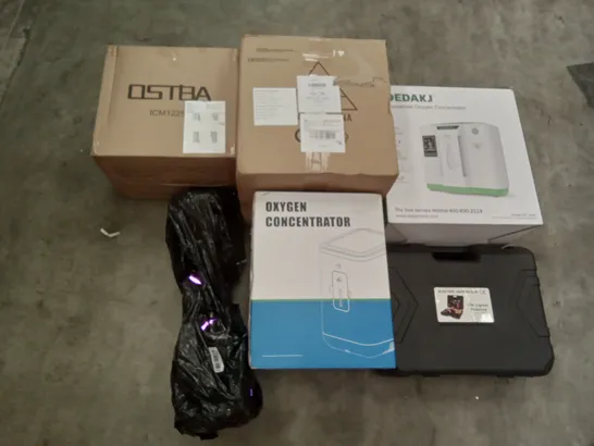 PALLET OF ASSORTED ITEMS INCLUDING DEDAKJ HOUSEHOLD OXYGEN CONCENTRATOR, ELECTRIC JACK FOR CAR, PURPLE HOVER BOARD, YUOTA LED LIGHT, OSTBA