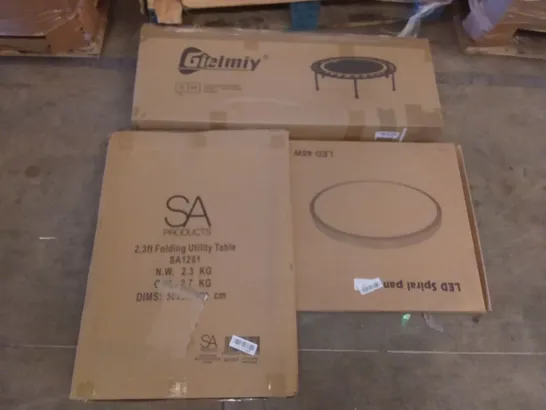 PALLET OF ASSORTED ITEMS INCLUDING GIELMIY TRAMPOLINE, SA PRODUCTS FOLDING UTILITY TABLE, LED SPIRAL FAN, AEROBI STEP, WHITECSIDE TABLE