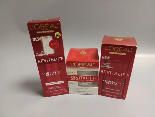 3 BOXED LOREAL PARIS REVITALIFT PRODUCTS TO INCLUDE LASE CORRECTOR (50ml), DAY/NIGHT CREAM (48ml), SUNSCREEN (48g)