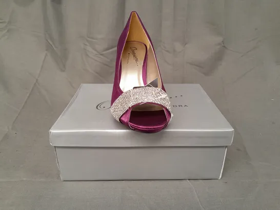 BOX OF APPROXIMATELY 10 PAIRS OF OCCASIONS BY CASANDRA PEEP TOE HIGH HEEL SHOES IN PURPLE W. JEWEL EFFECT - VARIOUS SIZES