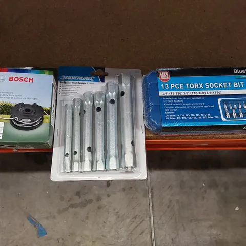 BOX OF BRAND NEW PRODUCTS TO INCLUDE; BLUESPOT TOOLS 13PCE TORX SOCKET BIT SET, SILVERLINE BOX SPANNER 6PCE METRIC SET 8 - 19MM, BOSCH 1.6MM X 6M CUTTING LINE SPOOL (1 BOX)