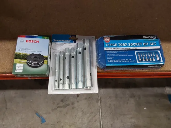 BOX OF BRAND NEW PRODUCTS TO INCLUDE; BLUESPOT TOOLS 13PCE TORX SOCKET BIT SET, SILVERLINE BOX SPANNER 6PCE METRIC SET 8 - 19MM, BOSCH 1.6MM X 6M CUTTING LINE SPOOL (1 BOX)