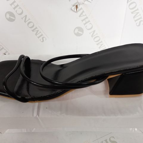 BOXED PAIR OF BLACK LEATHER SQUARE TOED STRAPPY WEDGE SANDALS - SIZE 38
