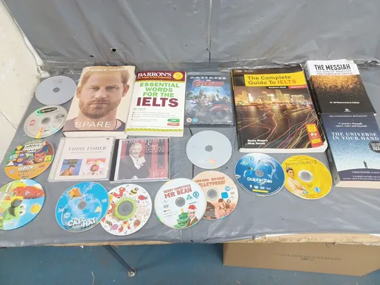 ASSORTED BOOKS, CDS, AND FILM DVDS TO INCLUDE PRINCE HARRY SPARE, AVENGERS AGE OF ULTRON, AND TONY BENNETT AMERICAN SONGBOOK ETC. 