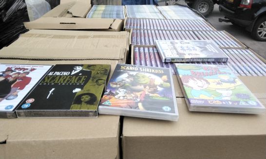 PALLET OF APPROXIMATELY 3300 DVDS INCLUDING KINGPIN, SCARFACE GOLD EDITION, SCARED SHREKLESS, HORRID HENRY BIG BREAKFAST, ENGLAND'S ROAD TO RIO