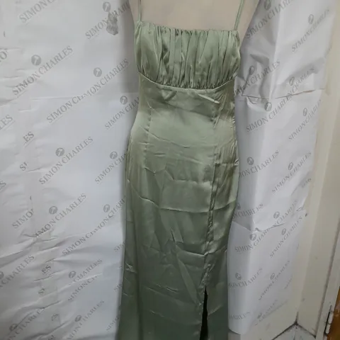PRETTYLITTLETHING SATIN RUCHED BUST BACKLESS SPLIT LEG MIDAXI DRESS IN SAGE GREEN SIZE 10